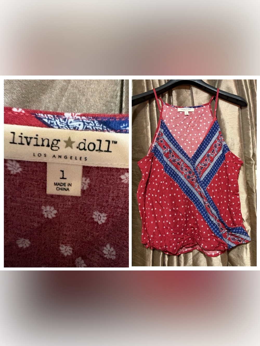 living doll Red and Blue Printed Spaghetti-Strap Camisole #1902